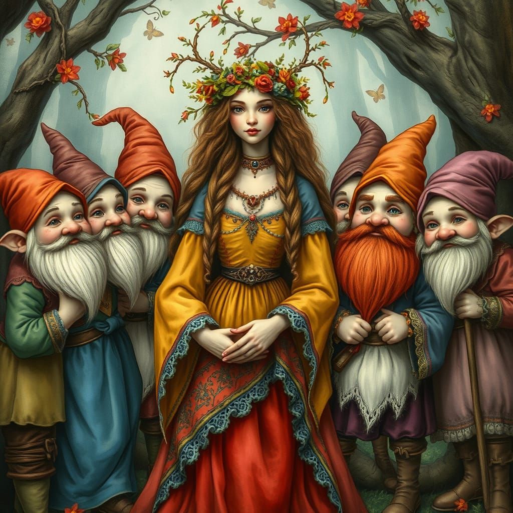 Snow White and Dwarfs in Whimsical Forest