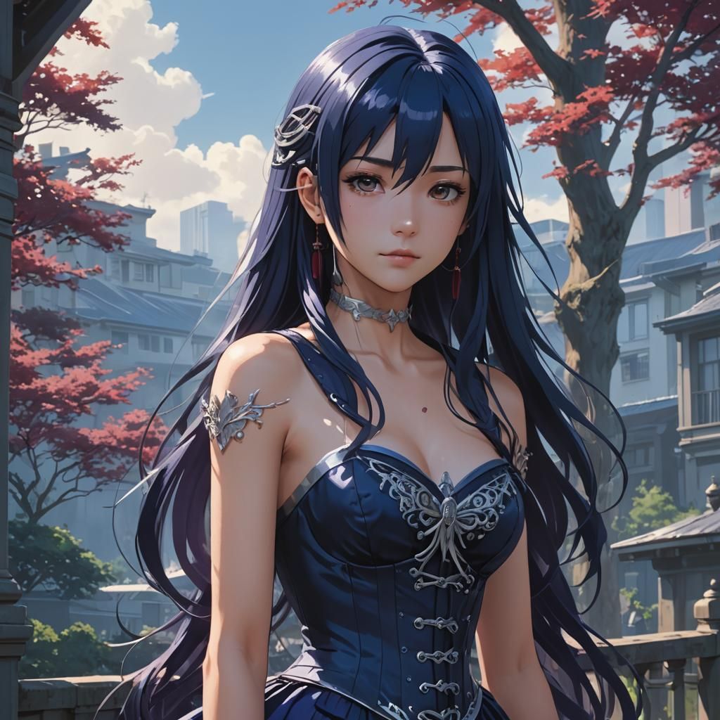 Anime Woman with Raven Hair and Silver Eyes