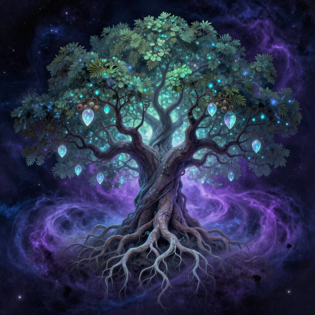 Cosmic Tree Sentinel in Nebula Digital Painting