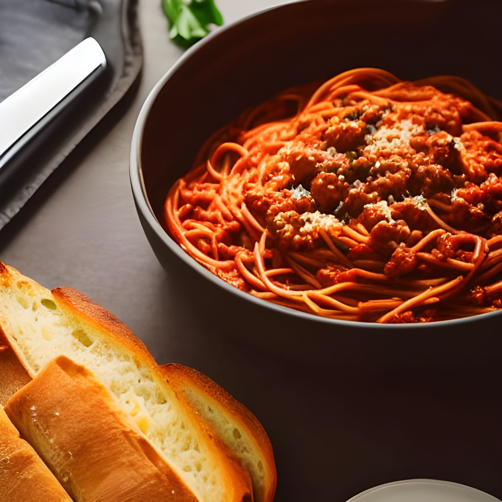 Spaghetti Bolognese with Garlic Bread: Food Photography