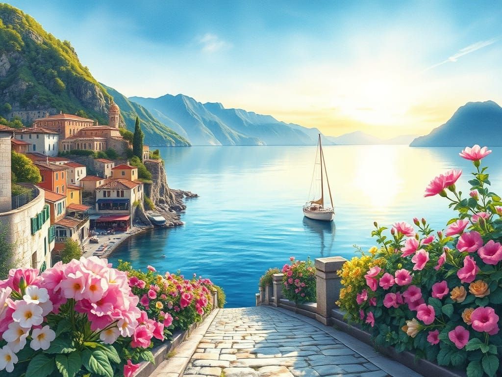 Highly detailed acrylic-watercolor painting of a coastal landscape in the area of Côme in Italy with a picturesque villa...