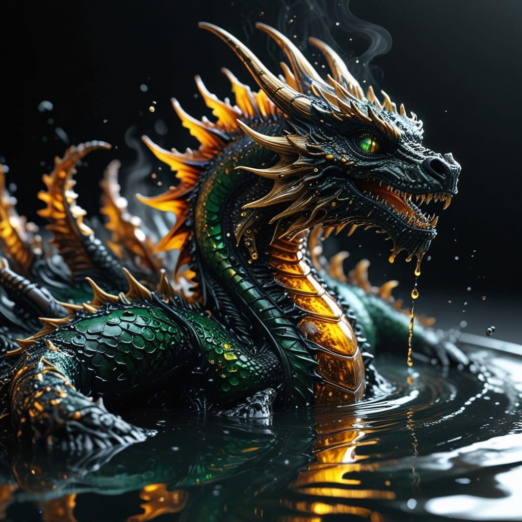 Ferrofluid Dragon Sculpture in Hyperrealistic Style