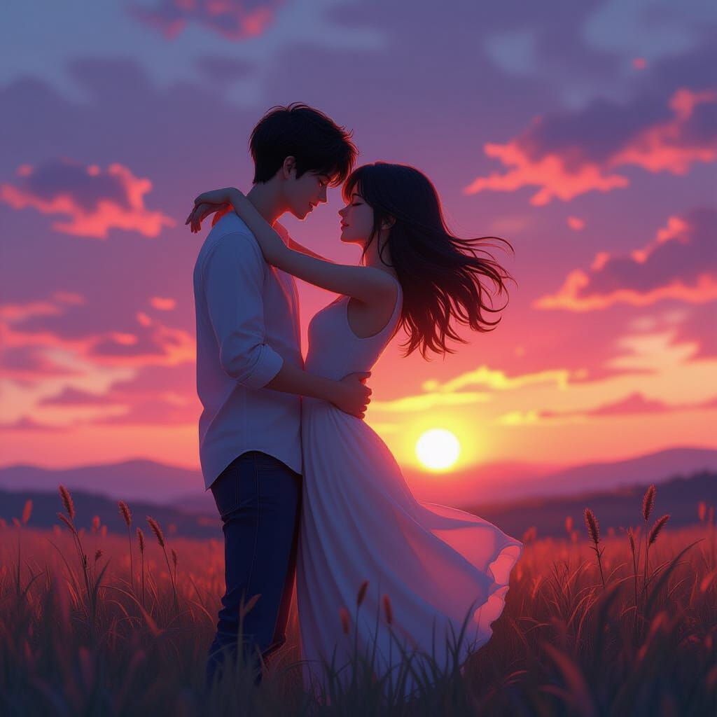 Passionate Couple Silhouetted Against Dreamy Sunset Sky