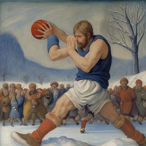 Peasant's Winter Basketball Game with Bears: Expressionist P...