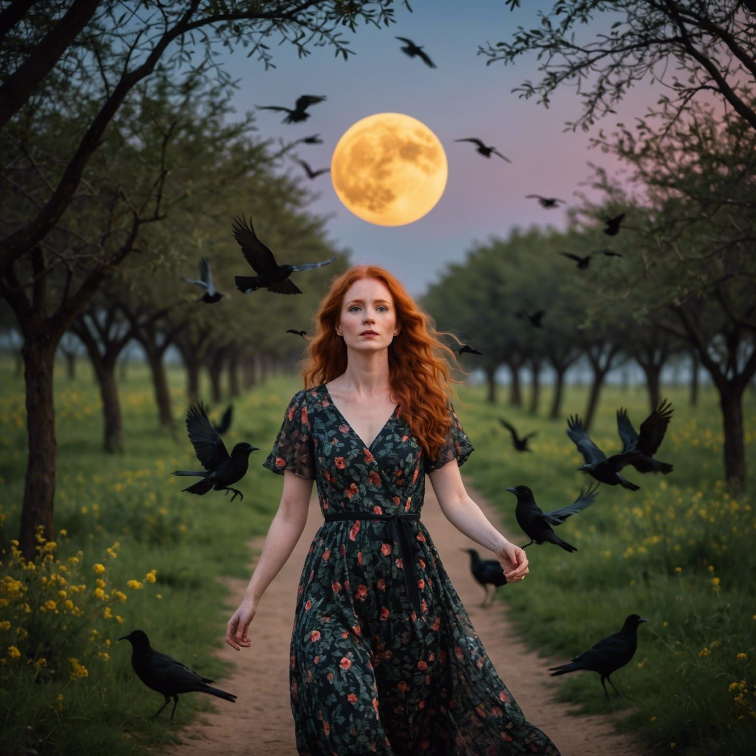 Red-Haired Woman with Moon in Acacia Alley