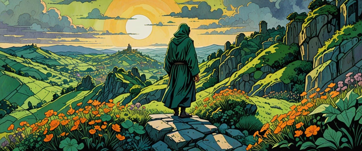 Shrouded Figure on Hill in Comic Book Art