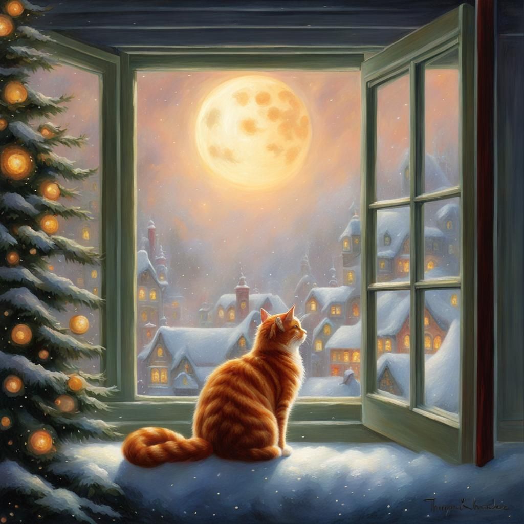 Ginger Cat Gazing at Snowy Moonlit Scene