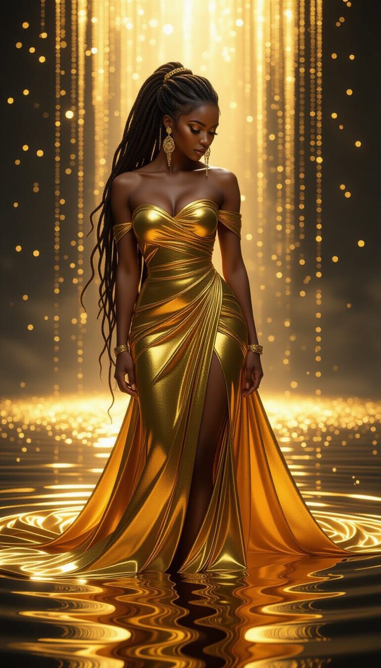 Ethereal Black Woman in Golden Gown, Hyperrealistic Style