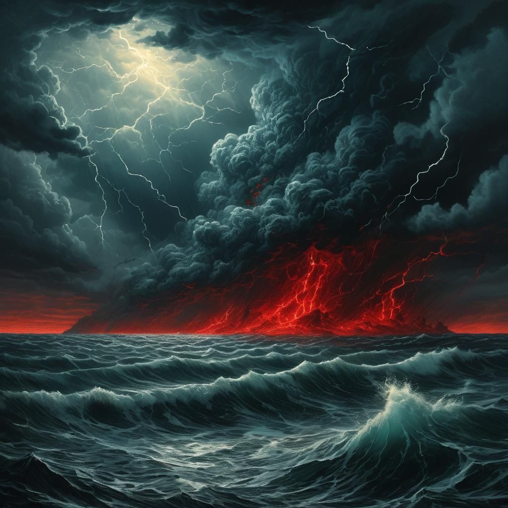 Souls Escape Boiling Ocean Under Stormy Red Skies