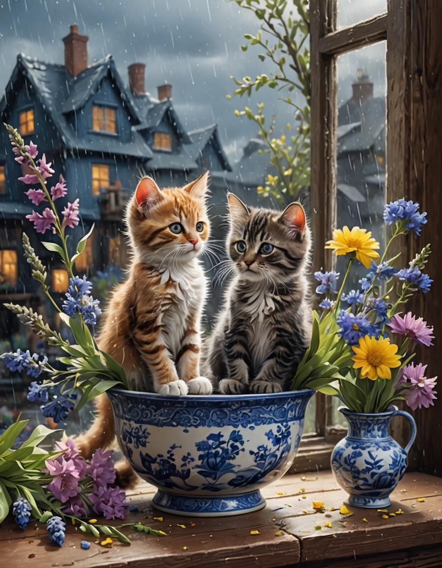 Kittens Play with Flowers in Cozy Rainy Scene