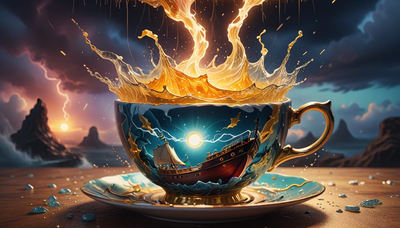 Ship in Teacup: Abstract Surreal Hyperdetailed Artwork
