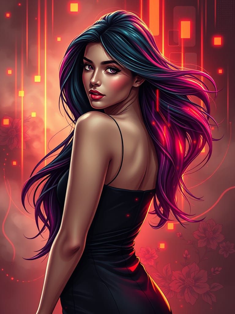 Flowing  haired beautiful woman, wearing fitted dress