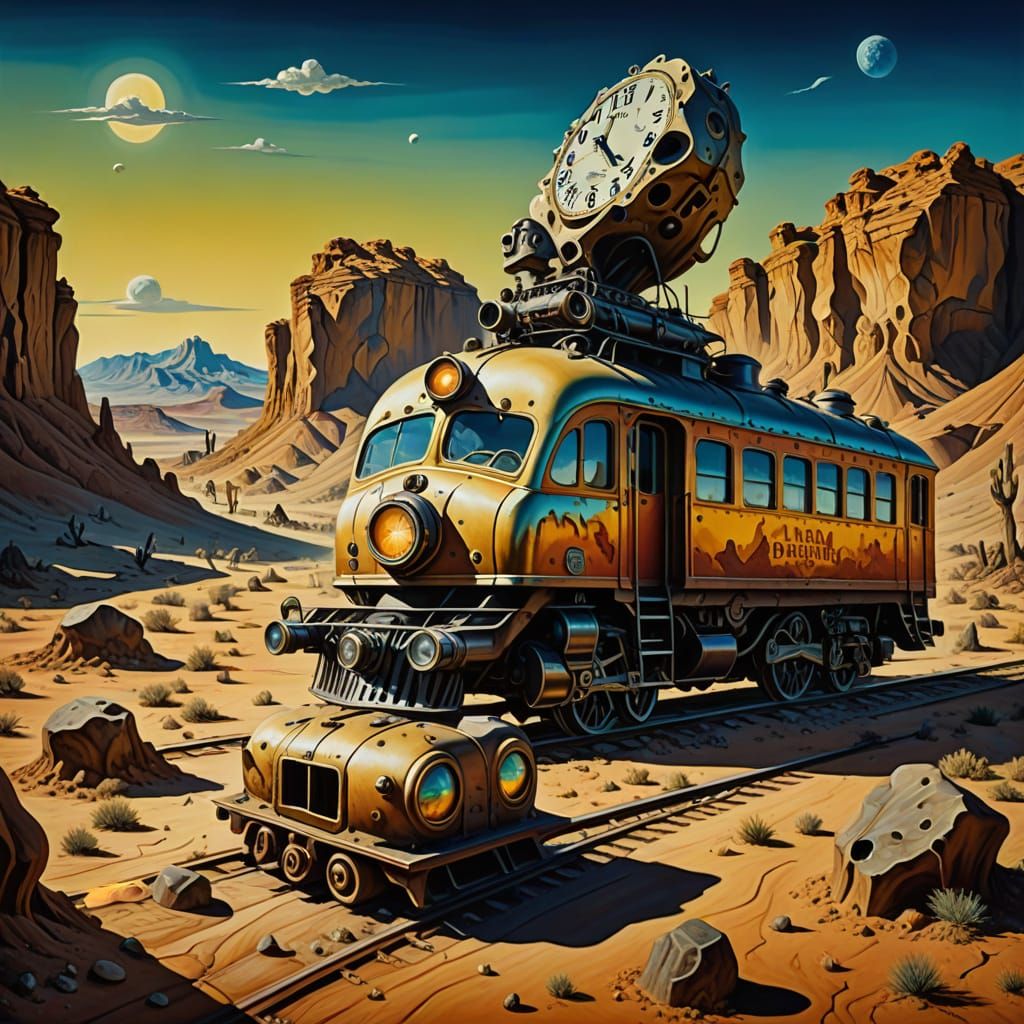 Surreal Wild West Train Robbery with Aliens in Dali Style