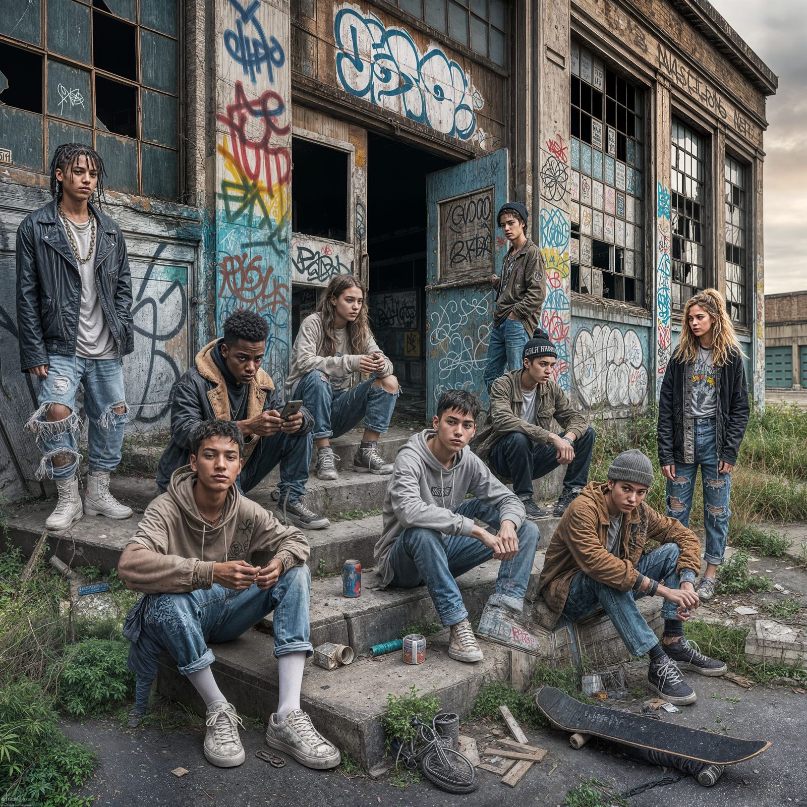Urban Teenagers at Abandoned Mall Entrance