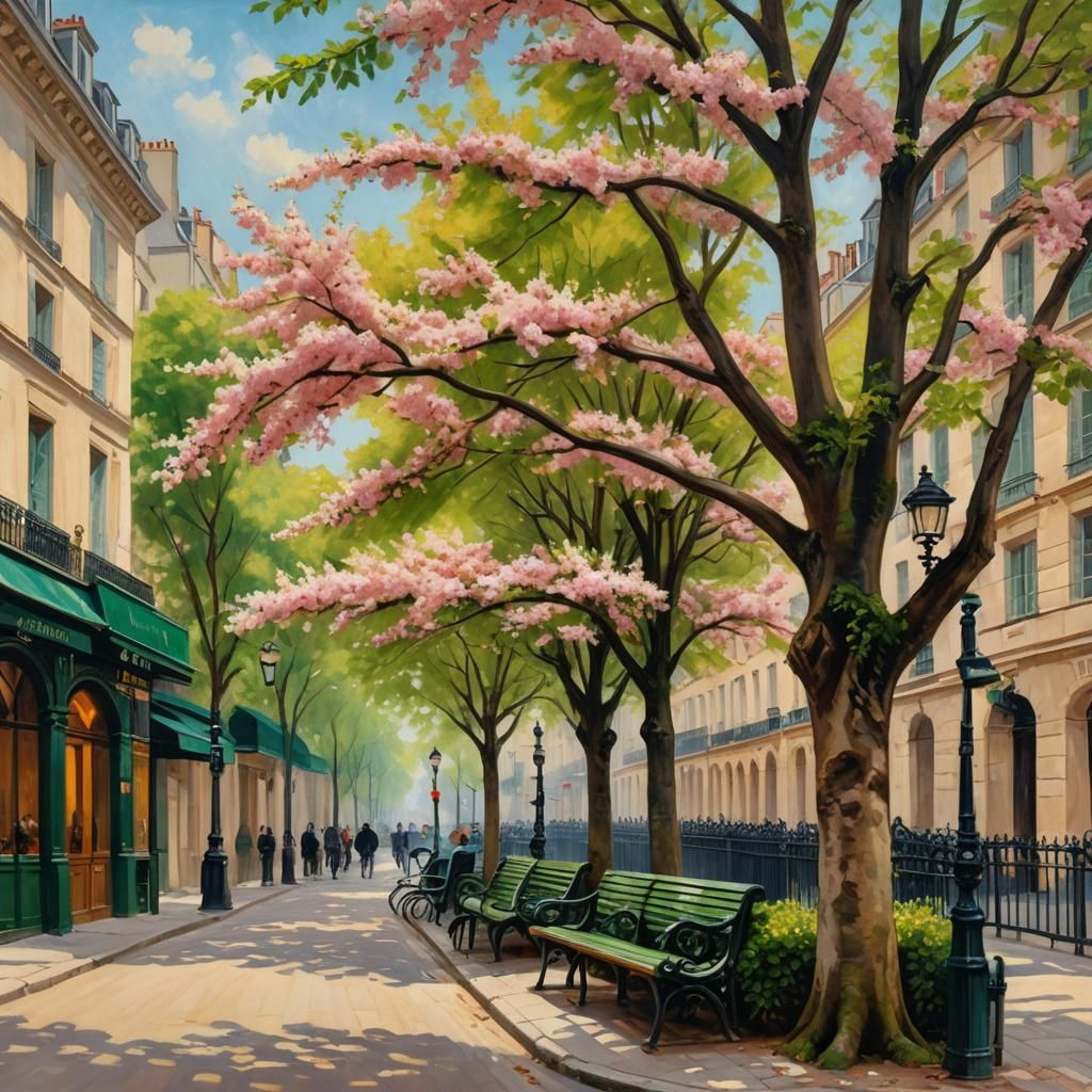 Parisian Chestnut Trees in Bloom: An Impressionist Oil Paint...