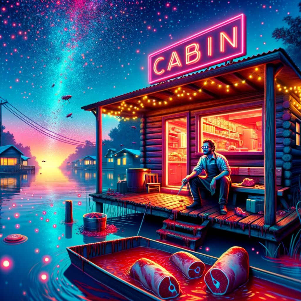 Neon Cabin at Lagoon with Butcher, 3D Digital Art