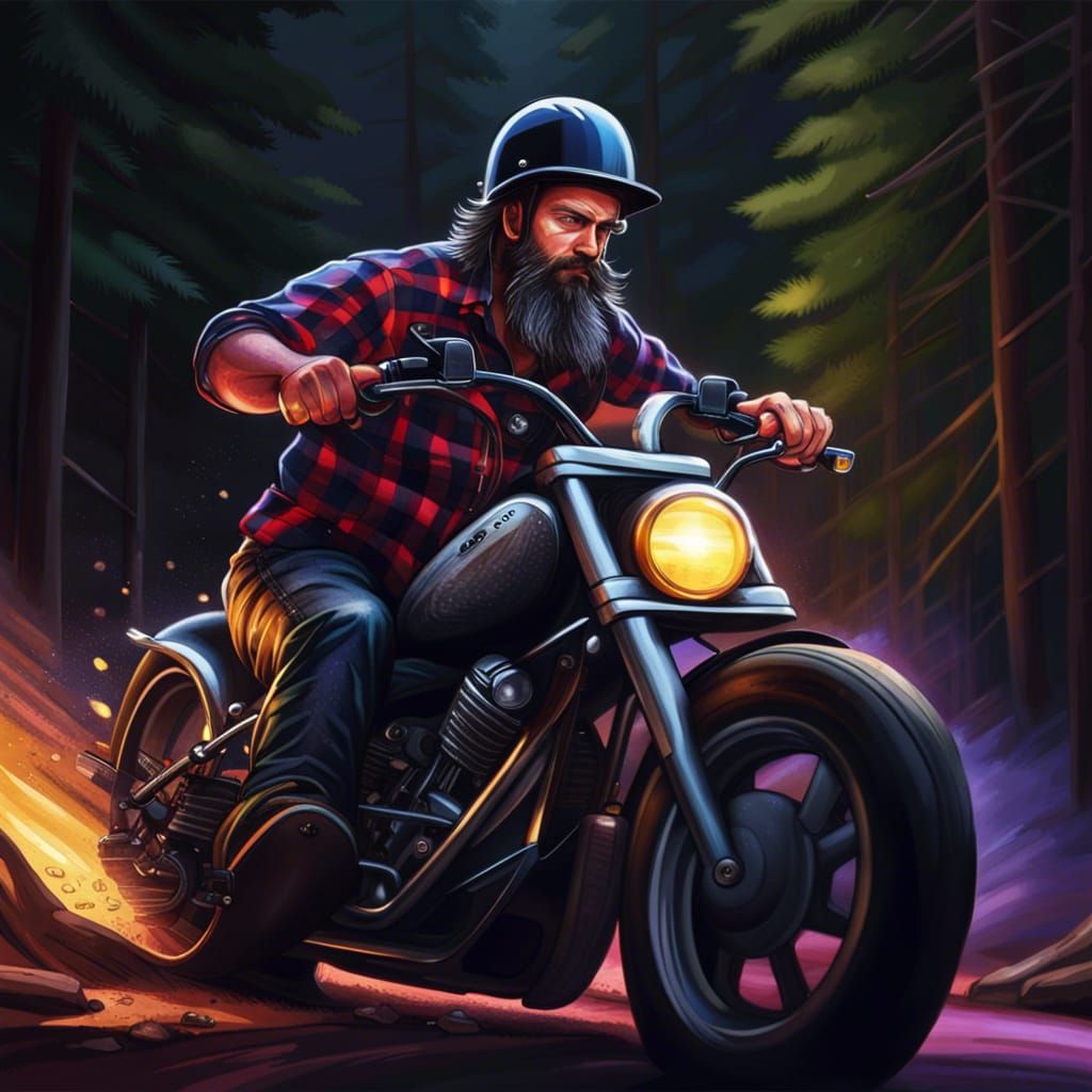 Hyperrealistic Lumberjack on Motorcycle in Forest