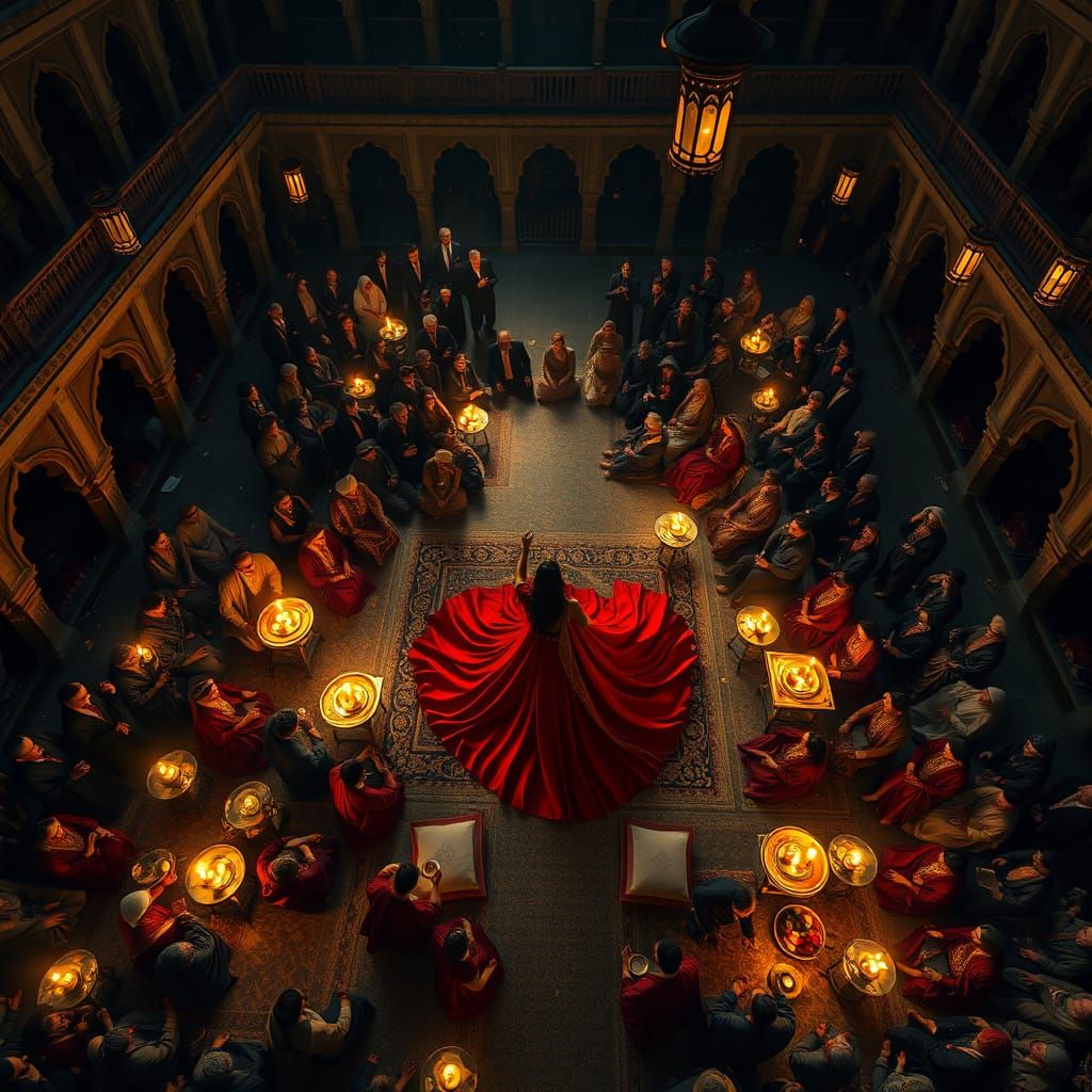 Aerial Night View of Ancient Palace Courtyard Gathering