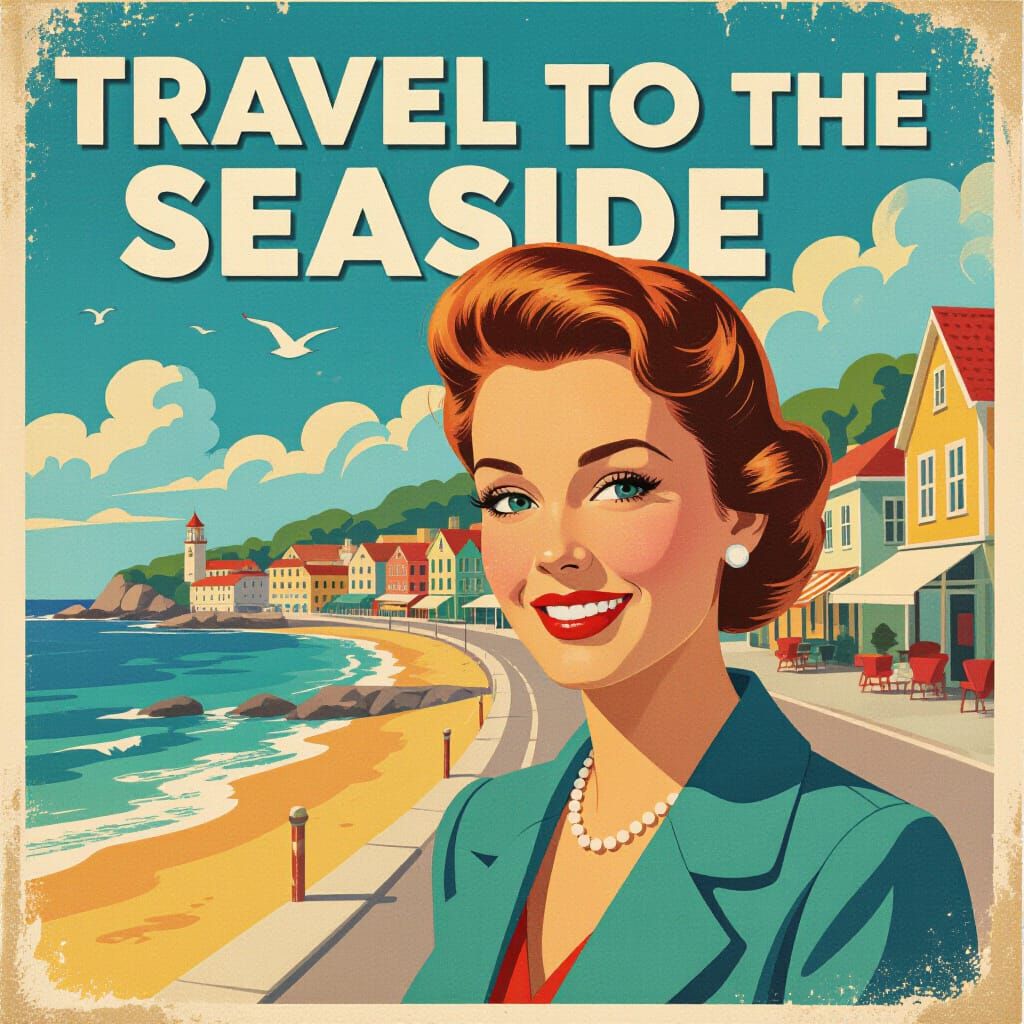 Seaside Town Travel Poster in Mid-Century Style
