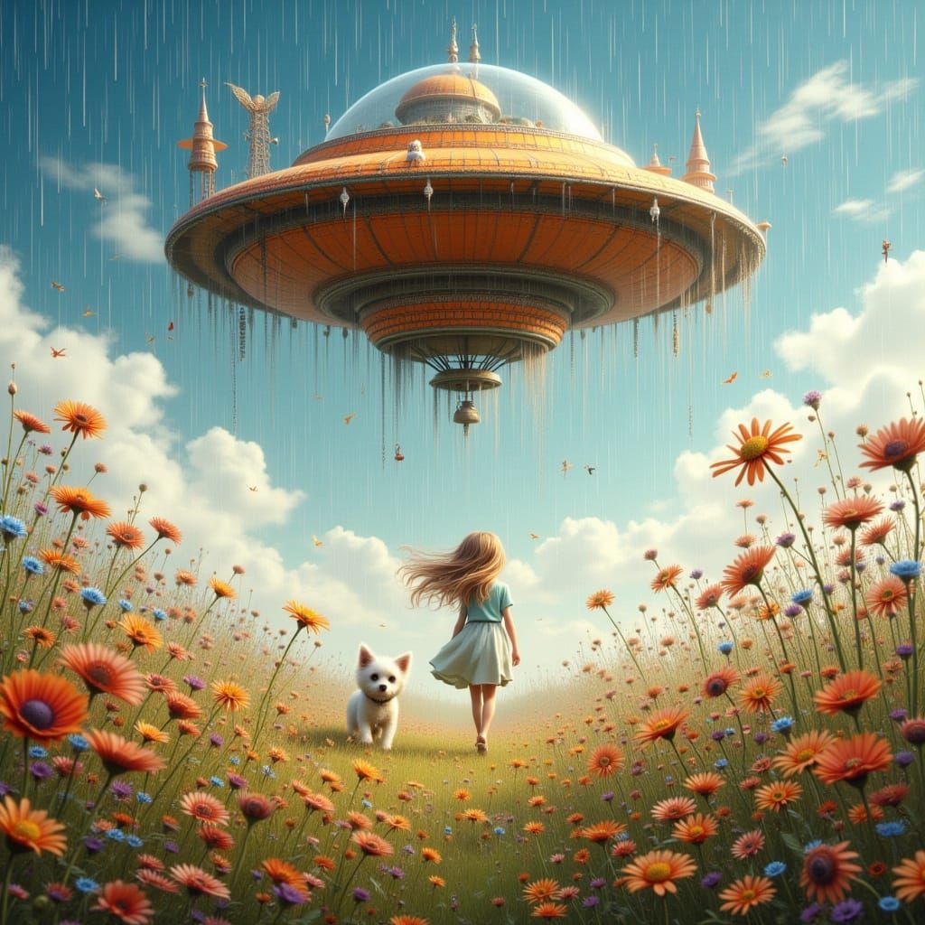 Flying Saucer in Field with Girl and Dog