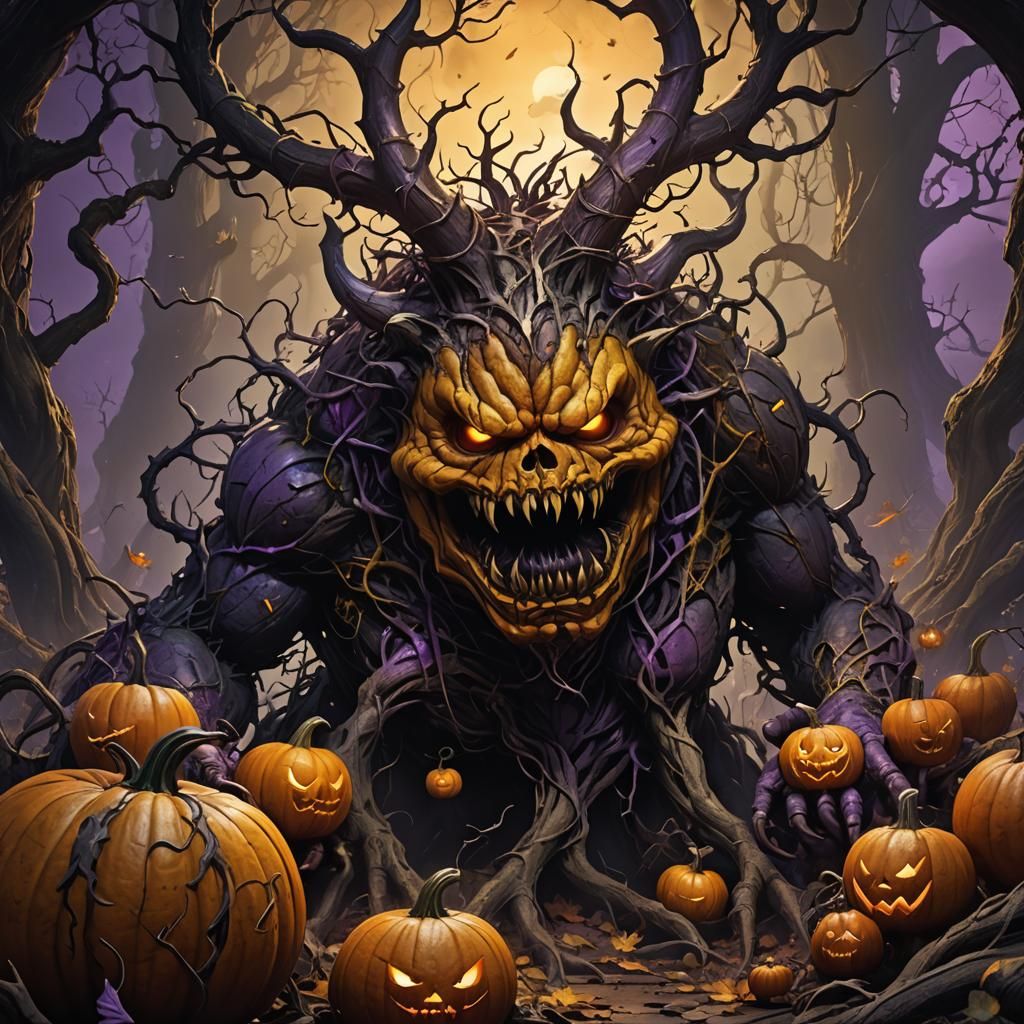 Eerie Pumpkin Monster in Dark Fantasy Art