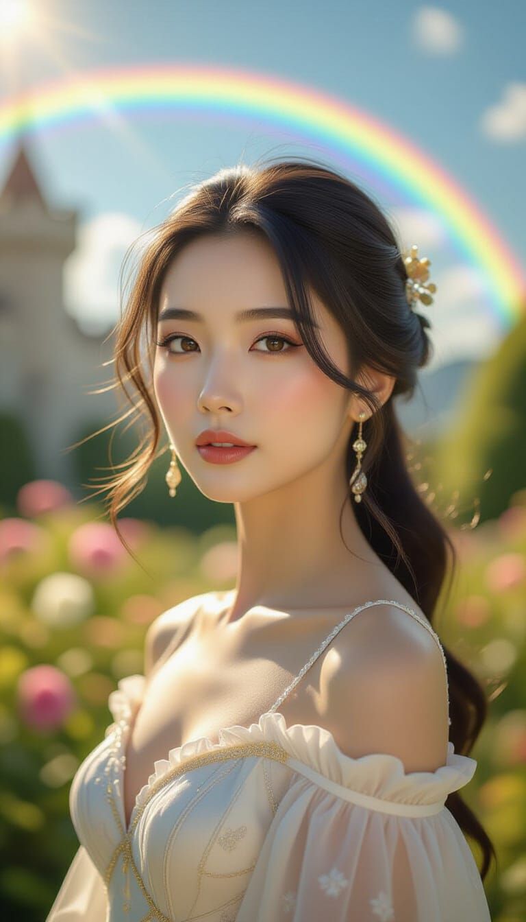 Asian Princess in Sun-Drenched Garden with Rainbow