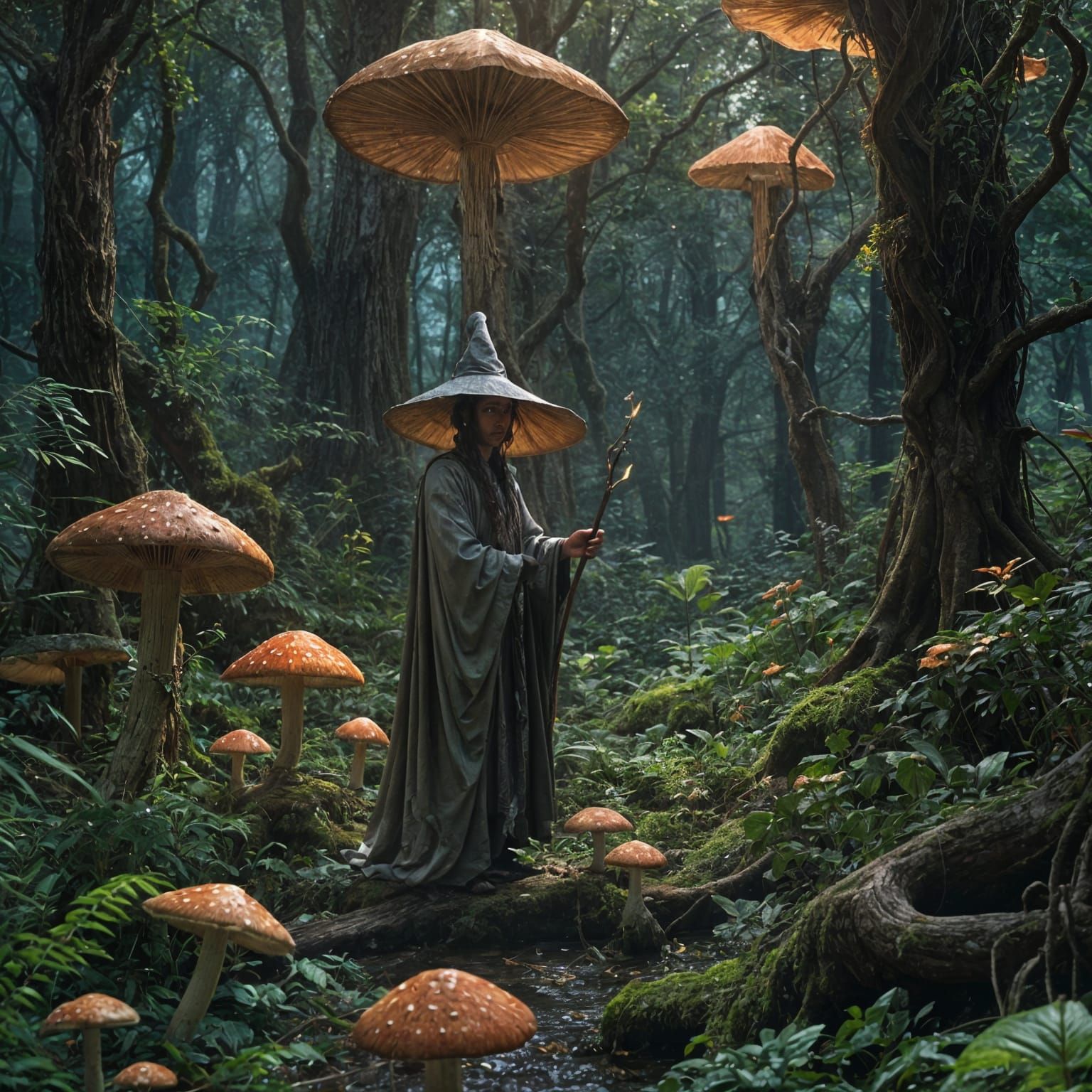 A scene set in a mystical forest with a powerful wizard wiel...