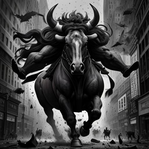 Surreal City Attack with Bull and Horse