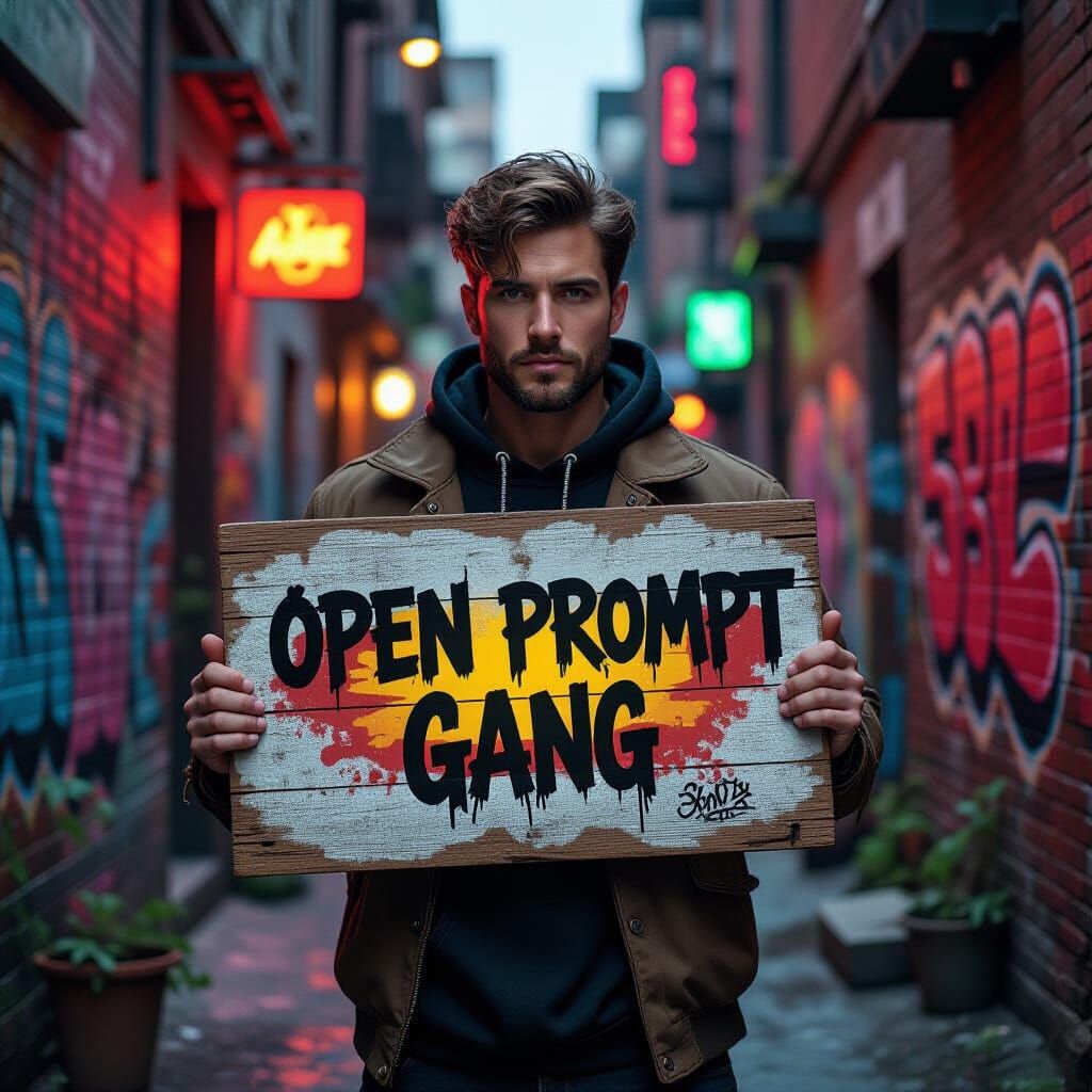 Man in Alleyway Holding Graffiti Sign: Digital Art