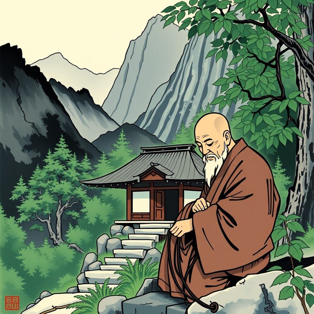 Monk Builds Temple in Sumi-e Japanese Style