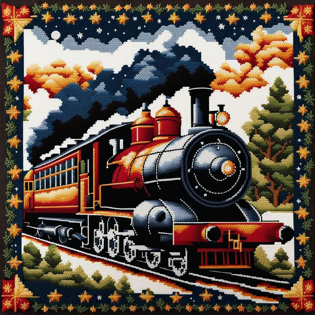 Cross-Stitch Steam Train Under Starry Sky