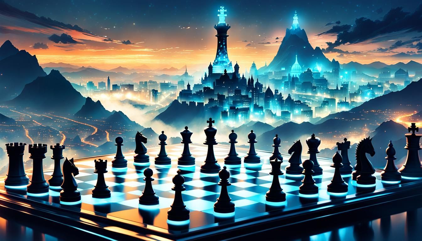 Bioluminescent Chessboard with Ancient Warrior Spirits