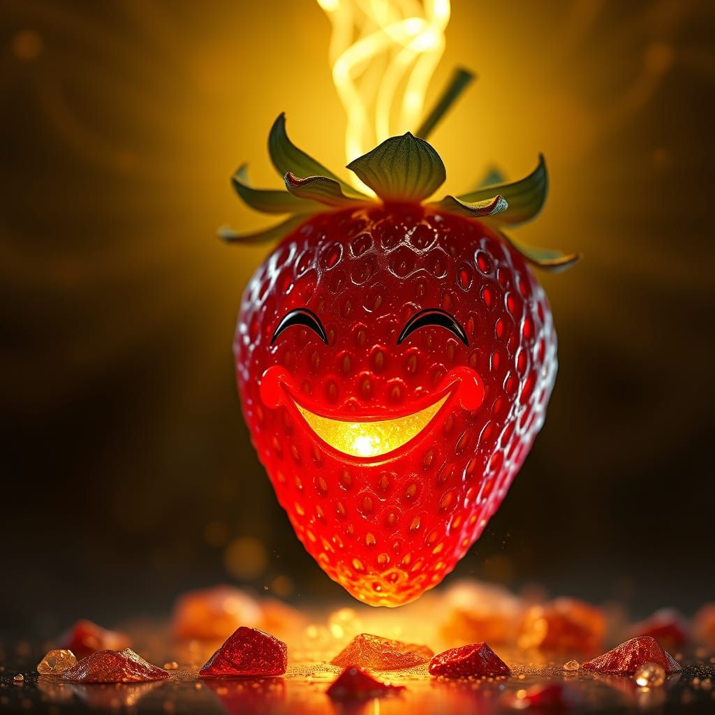 Smiling Strawberry in Hyper-Realistic Beer Scene