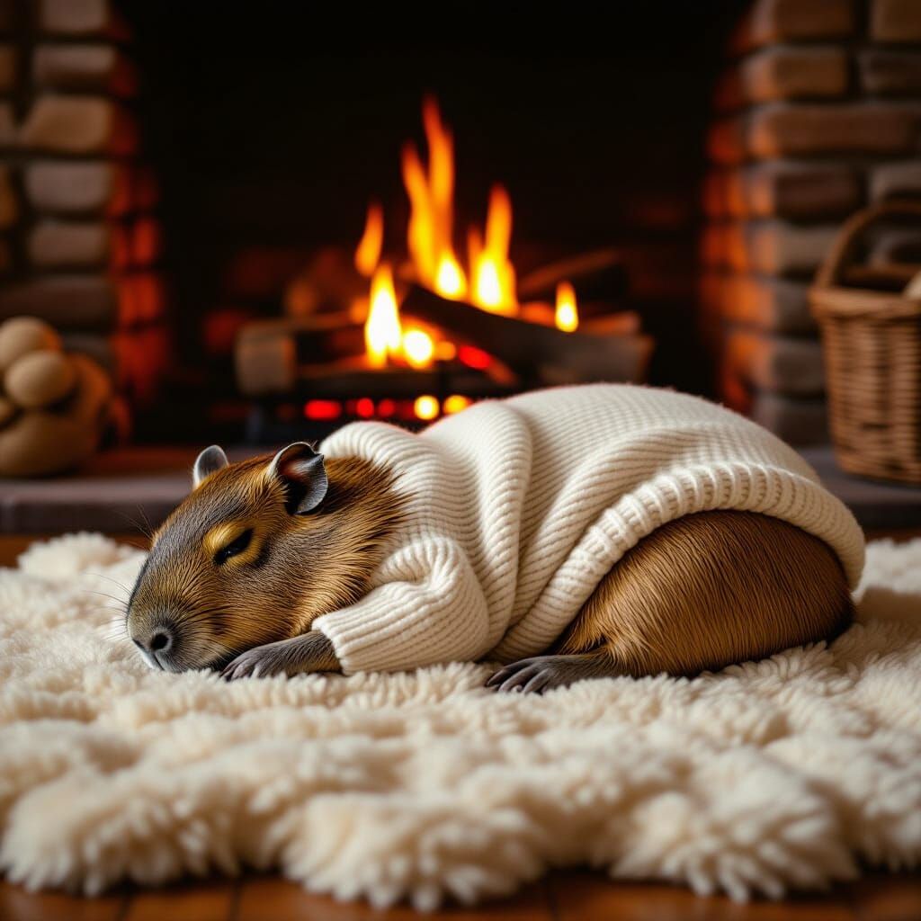 Cozy Capybara Slumber by Fireplace: Beatrix Potter Style