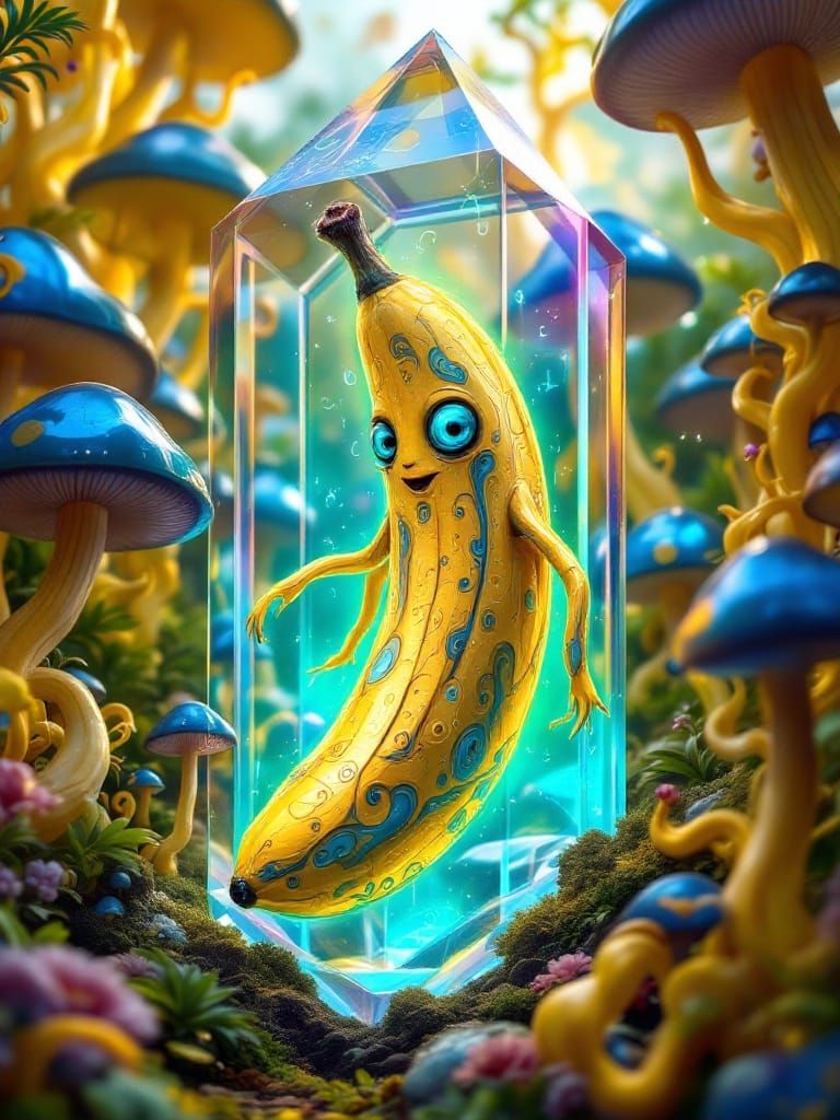 Vibrant Banana Trapped in Crystal Tesseract Amidst Iridescen...
