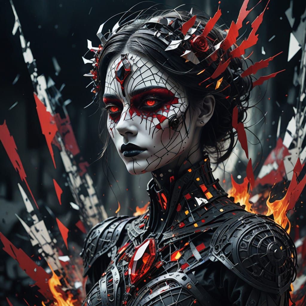 Gothic Soul Rises from Glitch Art Ruins in Royal Red, White,...