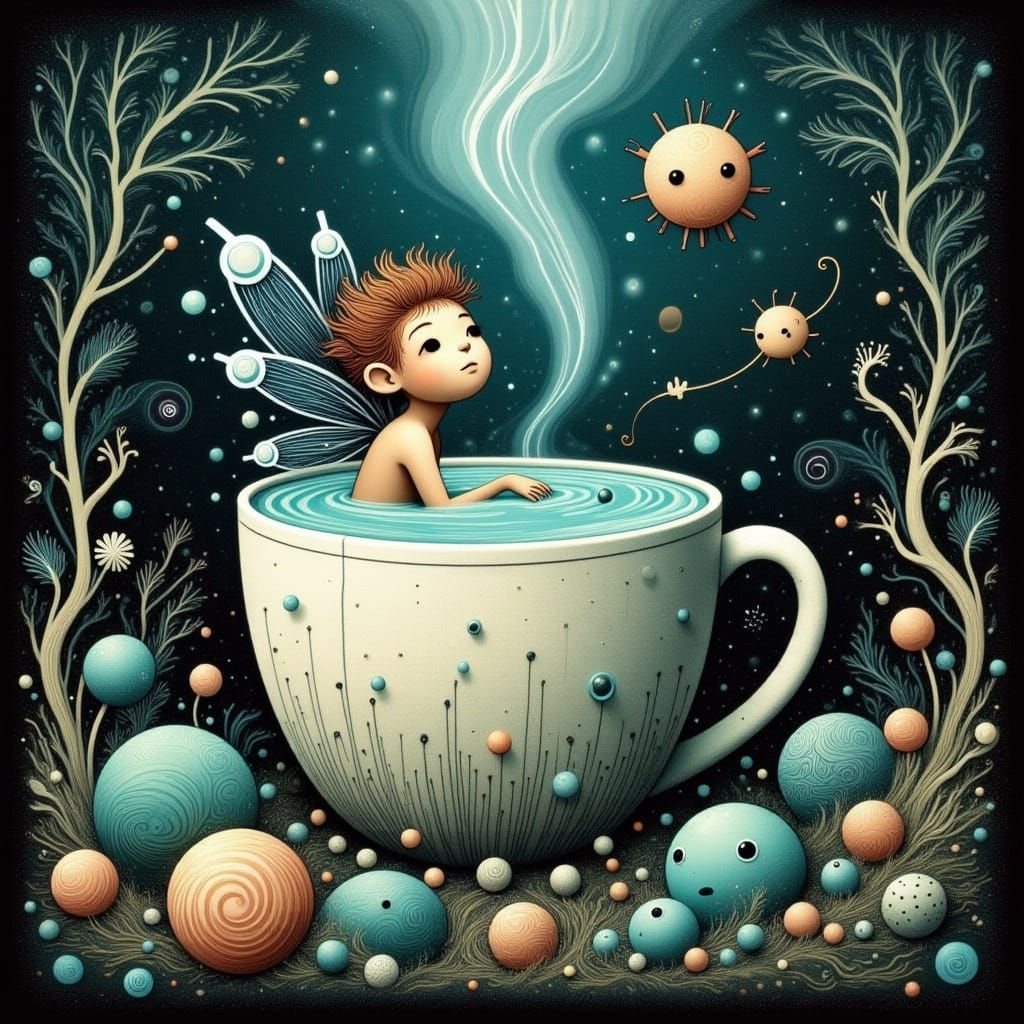 Cute fairy swimming in huge coffee mug with steam rising from it <lora:Coffee Mug Faeries:1.0> <lora:MOONMOTH SONG:1.0> ...