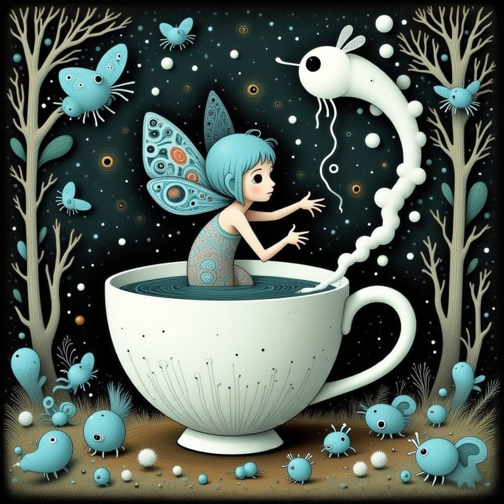Cute fairy swimming in huge coffee mug with steam rising from it <lora:Coffee Mug Faeries:1.0> <lora:MOONMOTH SONG:1.0> ...