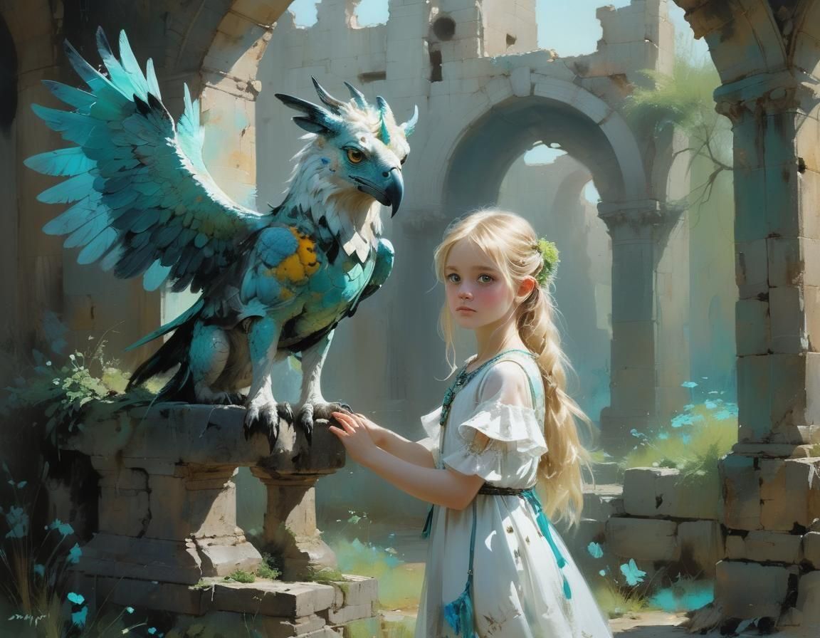 Girl with mythical gryphon (Griffin)
