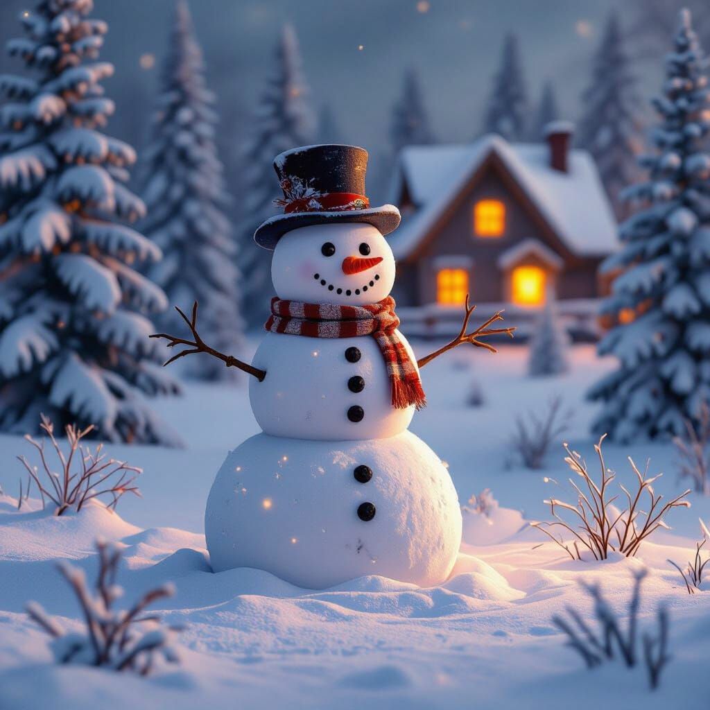 Detailed Snowman in Cozy Winter Scene Matte Painting
