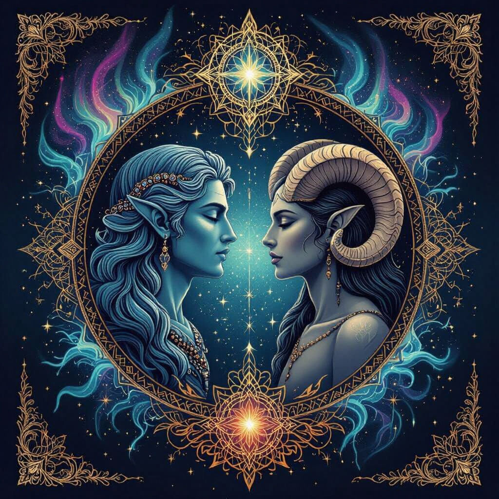 Aquarius and Aries Fusion in Sacred Geometry Style