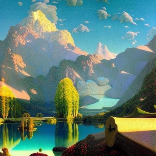 Surreal Mountain Lake Landscape Art