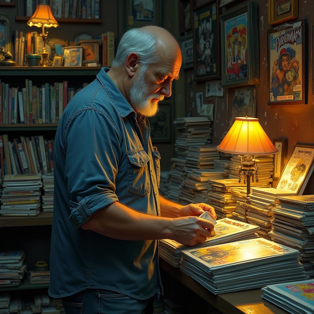 Comic Book Store Scene in Nostalgic Matte Painting Style