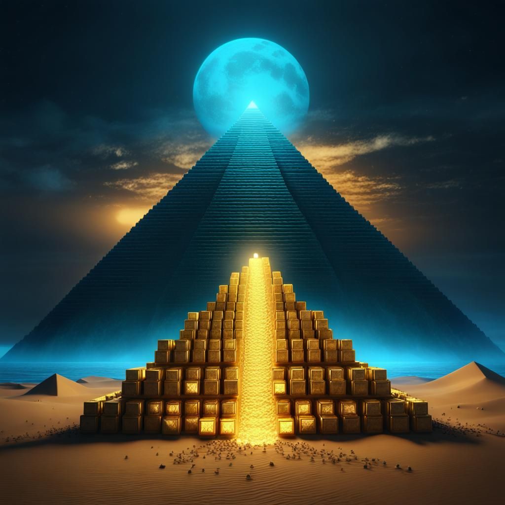 Giant Golden Pyramid in Macabre Desert Landscape