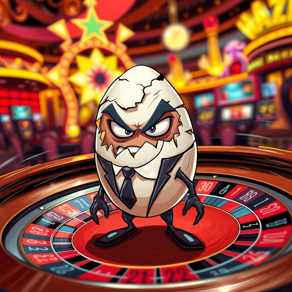 Furious Egg on Roulette Wheel in Vegas, Cartoon Style