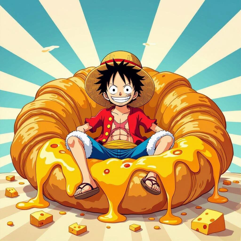 Luffy Enjoys Giant Croissant in Vibrant Art Style