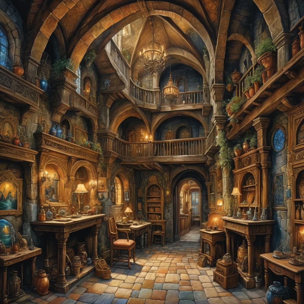 Dark Fantasy Medieval Lair in Watercolor Style