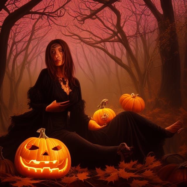 Elegant Sorceress Dancing in Autumn Forest Shrine