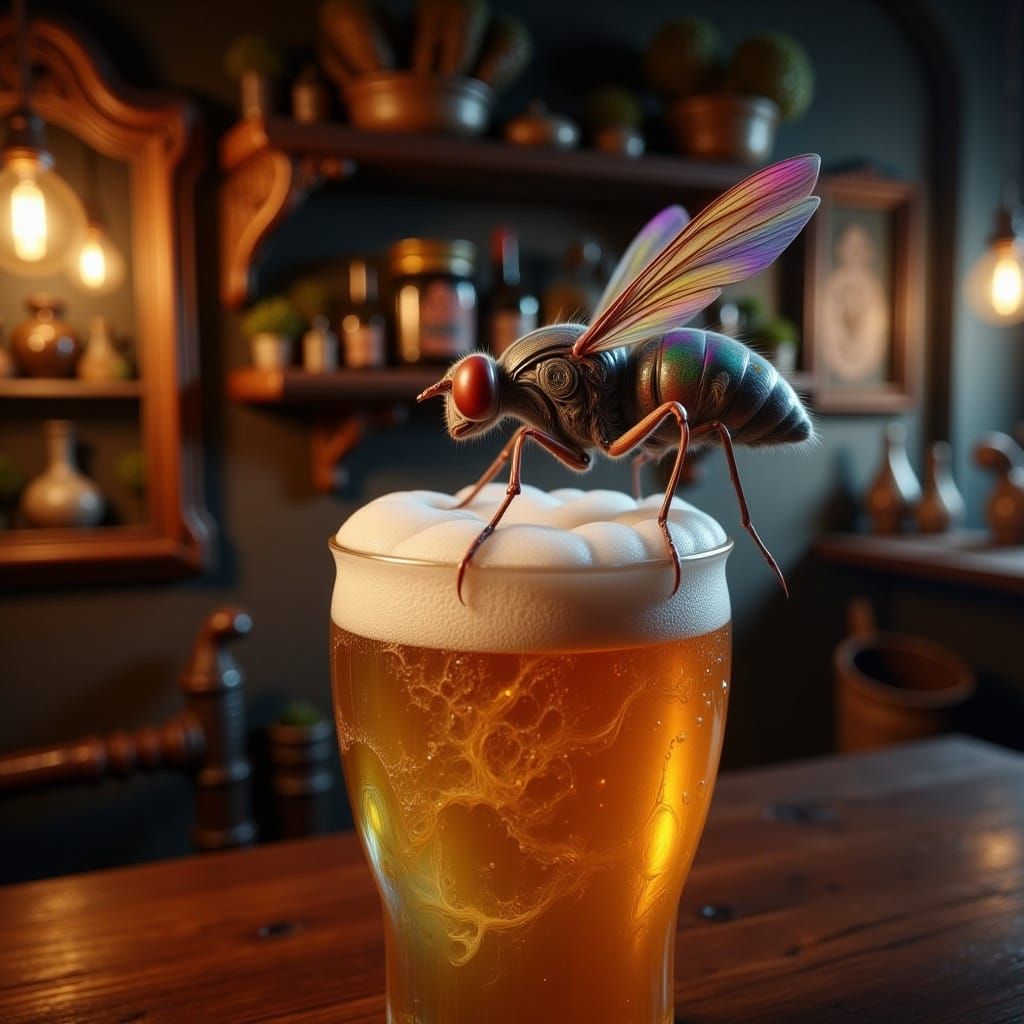 Housefly's Beer: Hyperrealistic Macro Photograph
