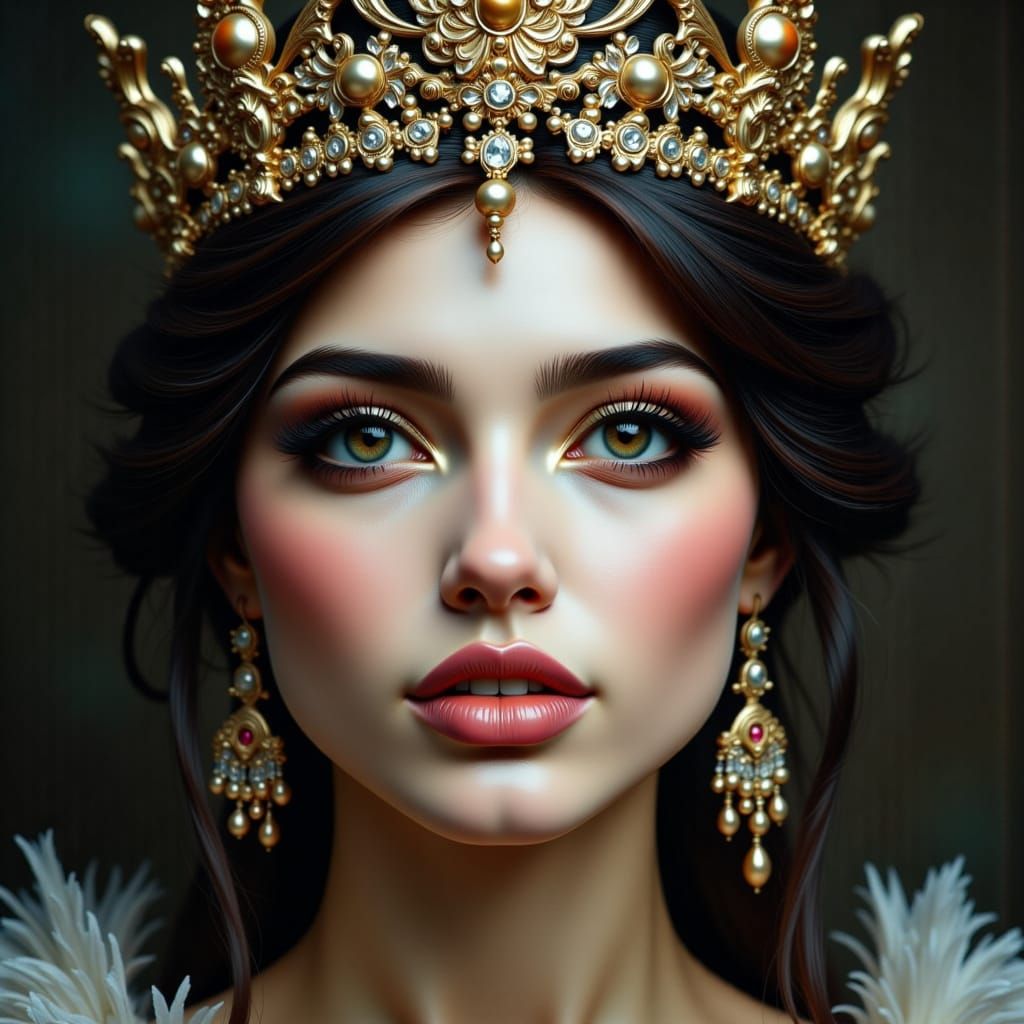 woman in a stunning crown, Rococo, Hyperdetailed, Delicate;....